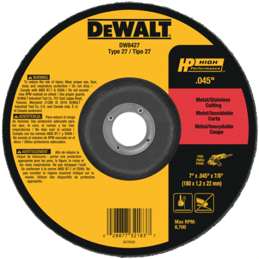 DISCO DE CORTE ACERO INOXIDABLE 7¨ X 0.45 X 7/8 DEWALT – Ref.DW8427