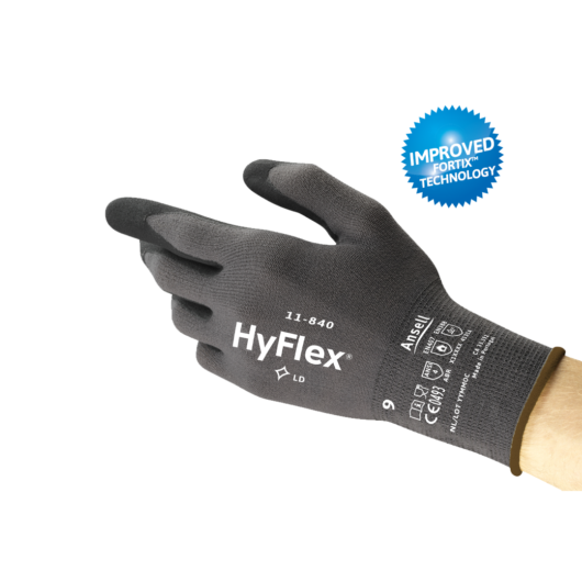 GUANTES HYFLEX CON EXTREMA DURABILIDAD A LA ABRASION NIVEL A1, CON AJUSTE PERFECTO PROPORCIONANDO MAYOT CONFORR Y SENSIBILIDAD TACTIL, ACABADO: PALMA RECUBIERTA, MATERIAL DEL RECUBRIMIENTO: ESPUMA DE NITRILO, MATERIAL DEL FORRO: NYLON, SPANDEX, TIPO DE PU – Ref.11-840/9