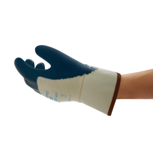 GUANTES ACTIVARMR HYCRON EXTRA RESISTENTES PARA TRABAJOS DUROS Y ABRASIVOS, ¾ RECUBIERTO DE NITRILO SOBRE FORRO DE PUNTO DE JERSEY, CON MANGUITO DE SEGURIDAD, LONGITUD: 246-272 MM/ 9.68-10.70 PULG., COLOR: AZUL, CUMPLE EN 420:2003 + A1:2009; CATEGORÍA II – Ref.27-607/9