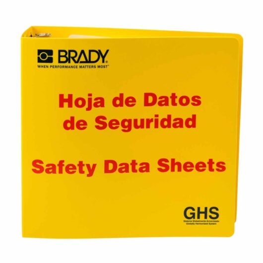 CARPETA SDS  INGLES ESPAÑOL CON PICTOGRAMAS GHS -3 » CADENA, PAR DE LEVANTADORES DE HOJAS MATERIAL  POLYETHYLENE COLOR RED ON YELLOW MARCA:BRADY – 121186