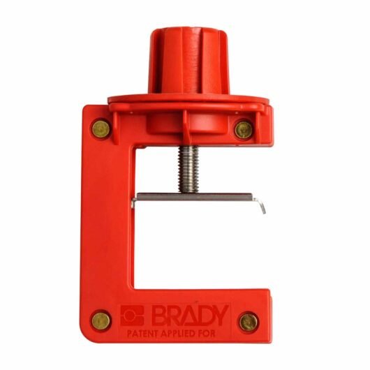 BLOQUEO DE VALVULA DE MARIPOSA COLOR ROJO, EN NYLON. MOD. 121504 MARCA BRADY. DIMENSIONES 5.57 in H x 3.37 in W x 1 in D – 121504