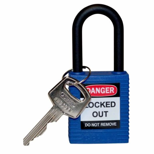 CANDADOS DE SEGURIDAD NO CONDUCTIVO EN NYLON  LLAVE DIFERENTES. COLOR AZUL, MOD. 123324 MARCA BRADY. MEDIDAS 44.5 mm H x 38.1 mm W x 20.3 mm D – 123325