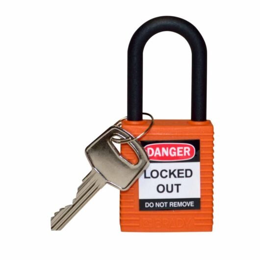 CANDADOS DE SEGURIDAD NO CONDUCTIVO EN NYLON  LLAVE DIFERENTES. COLOR NARANJA, MOD. 123328MARCA BRADY. MEDIDAS  1.75 in H x 1.5 in W x 0.8 in D – 123328