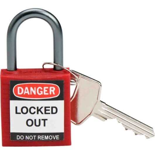 CANDADOS DE SEGURIDAD COMPACTO CON LLAVE DIFERENTE. COLOR ROJO, MOD. 143150 MARCA BRADY. ARCO DE NYLON DE 1 ½”. CUMPLE CON OSHA – 143150