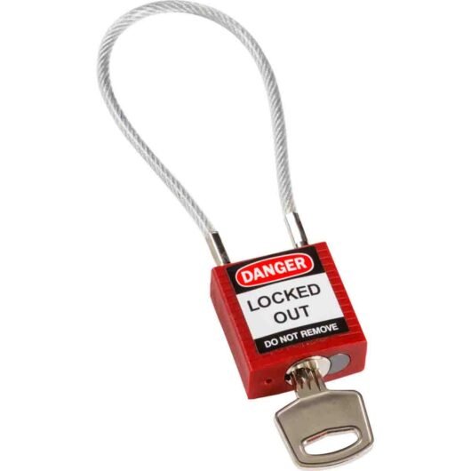 CANDADO DE SEGRUDAD VERTICAL DE GRILLETE MOD. 146120 MARCA BRADY, COLOR ROJO. LLAVES DIFERENTES. CABLE ALARGADO Y FLEXIBLE. – 146120