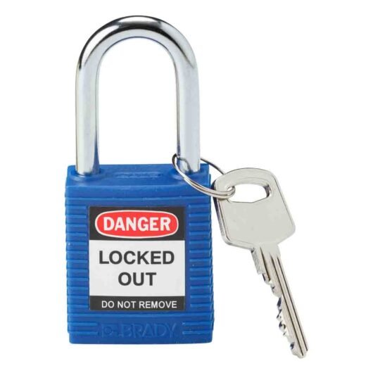 CANDADOS DE SEGURIDAD CON LLAVE UNICA. COLOR AZUL, MOD. 99556 MARCA BRADY. GRILLETES DE ACERO, CUERPO EN NYLON CON FIBRA DE VIDRIO,    MEDIDAS 1.5¨. CUMPLE CON OSHA – 99556-BL
