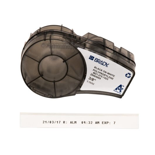 ETIQUETA RESISTETE A QUIMIMOS Y TEMPERATURA, MEDIDA 0.375 IN W X 21 FTL, MATERIAL POLIPROPILENO, TEMPERATURA -196C A 121C, 21 FT, COLOR NEGRO CON BLANCO, CODIGO M21-375-7425, MARCA BRADY – M21-375-7425