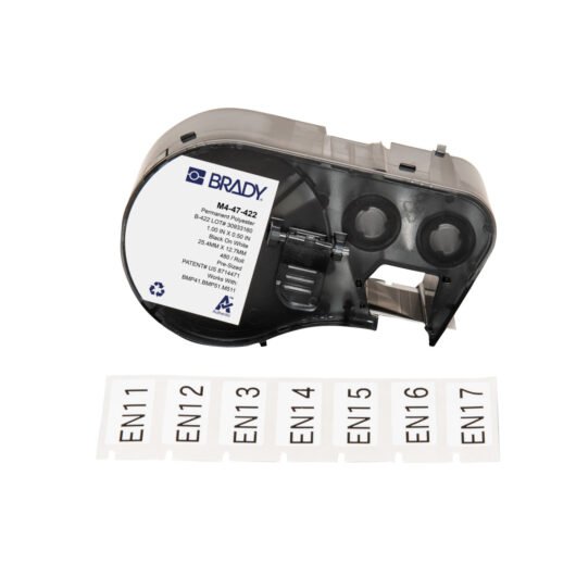 ETIQUETA ADHESIVA MULTIUSO DE POLIÉSTER CON CINTA PARA IMPRESOA BMP41, BMP51, M511 MEDIDA 0,5 PULGADAS DE ALTO X 0,5 PULGADAS DE ANCHO NEGRO SOBRE BLANCO MARCA BRADY – M4-47-422