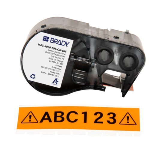 CINTA DE ETIQUETAS DE VINILO CON ADHESIVO PERMANENTE PARA TODO TIPO DE CLIMA CON CINTA DE IMPRESIÓN PARA IMPRESORAS M4 M5 -1´´, NEGRO CON NARANJA – M4C-1000-595-OR-BK