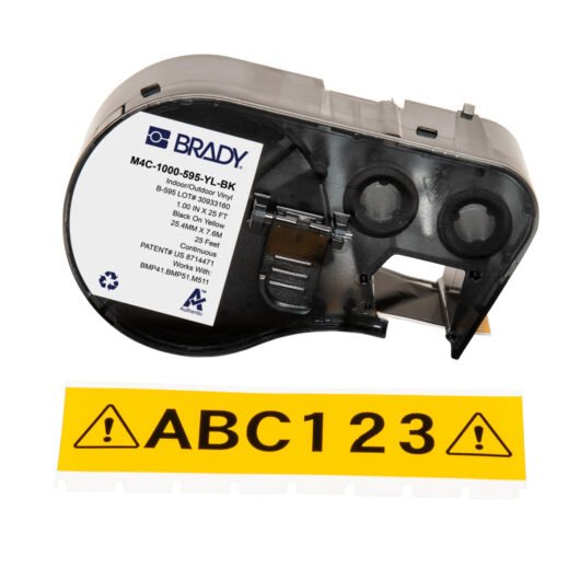 CINTA DE ETIQUETAS DE VINILO ADHESIVA PERMANENTE PARA TODO CLIMA, CON CINTA PARA IMPRESORAS BMP41 BMP51 M511 – 1PULG, NEGRO SOBRE AMARILLO – M4C-1000-595-YL-BK