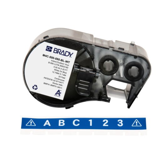 CINTA ADHESIVA DE VINILO PERMANENTE PARA TODO TIPO DE CLIMA CON CINTA PARA IMPRESORAS M4 Y M5, 0,5 PULGADAS, BLANCO SOBRE AZUL – M4C-500-595-BL-WT