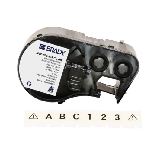 CINTA ADHESIVA DE VINILO PERMANENTE PARA TODO TIPO DE CLIMA CON CINTA PARA IMPRESORAS M4 Y M5, 0,5 PULGADAS, NEGRA SOBRE TRANSPARENTE – M4C-500-595-CL-BK