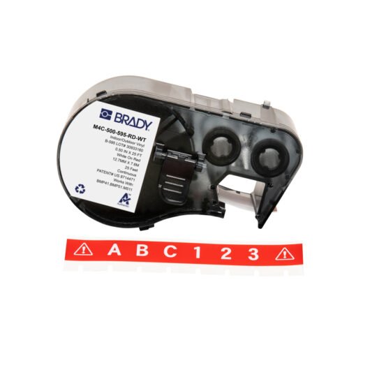 CINTA ADHESIVA DE VINILO PERMANENTE PARA TODO TIPO DE CLIMA CON CINTA PARA IMPRESORAS M4 Y M5, 0,5″, BLANCO SOBRE ROJO – M4C-500-595-RD-WT