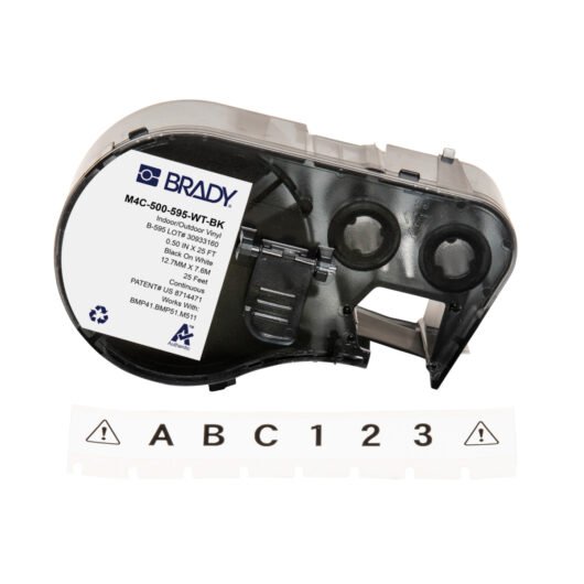 CINTA ADHESIVA DE VINILO PERMANENTE PARA TODO TIPO DE CLIMA CON CINTA PARA IMPRESORAS M4 Y M5, 0,5″, NEGRO SOBRE BLANCO – M4C-500-595-WT-BK
