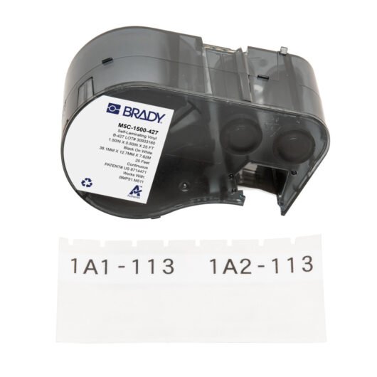 ETIQUETAS AUTOLAMINABLES DE VINILO ENVOLVENTE CON CINTA PARA IMPRESORAS M5 – 1,5″, COLOR BLANCO – M5C-1500-427