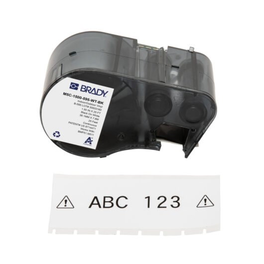 ETIQUETAS DE VINILO ADHESIVAS PERMANENTES PARA TODO TIPO DE CLIMA PARA IMPRESORA BMP51, M511 – 1.5″ BLANCO CON NEGRO. – M5C-1500-595-WT-BK