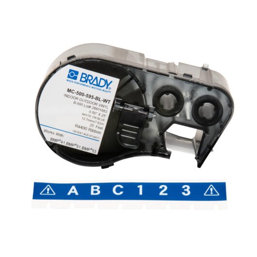 ROLLO ETIQUETAS DE VINILO EXTERIOR / INTERIOR COLOR AZUL. MOD. MC-500-595-BL-WT, MARCA BRADY. MEDIDAS: 0.5 in W x 25 ft L. PARA USAR EN IMPRESORAS: BMP51 BMP53 BMP4 – MC-500-595-BL-WT