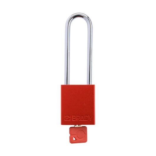CANDADOS DE SEGURIDAD CON LLAVE UNICA. COLOR ROJO, MOD. 123293 MARCA BRADY. EN ALUMINIO, MEDIDAS 3¨. CUMPLE CON OSHA. – 123293-RD